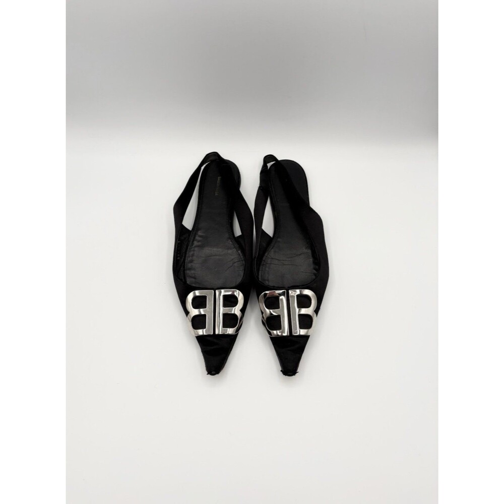 Balenciaga Black Satin BB Pointed Toe Ballet Flats Knife Size EU 38